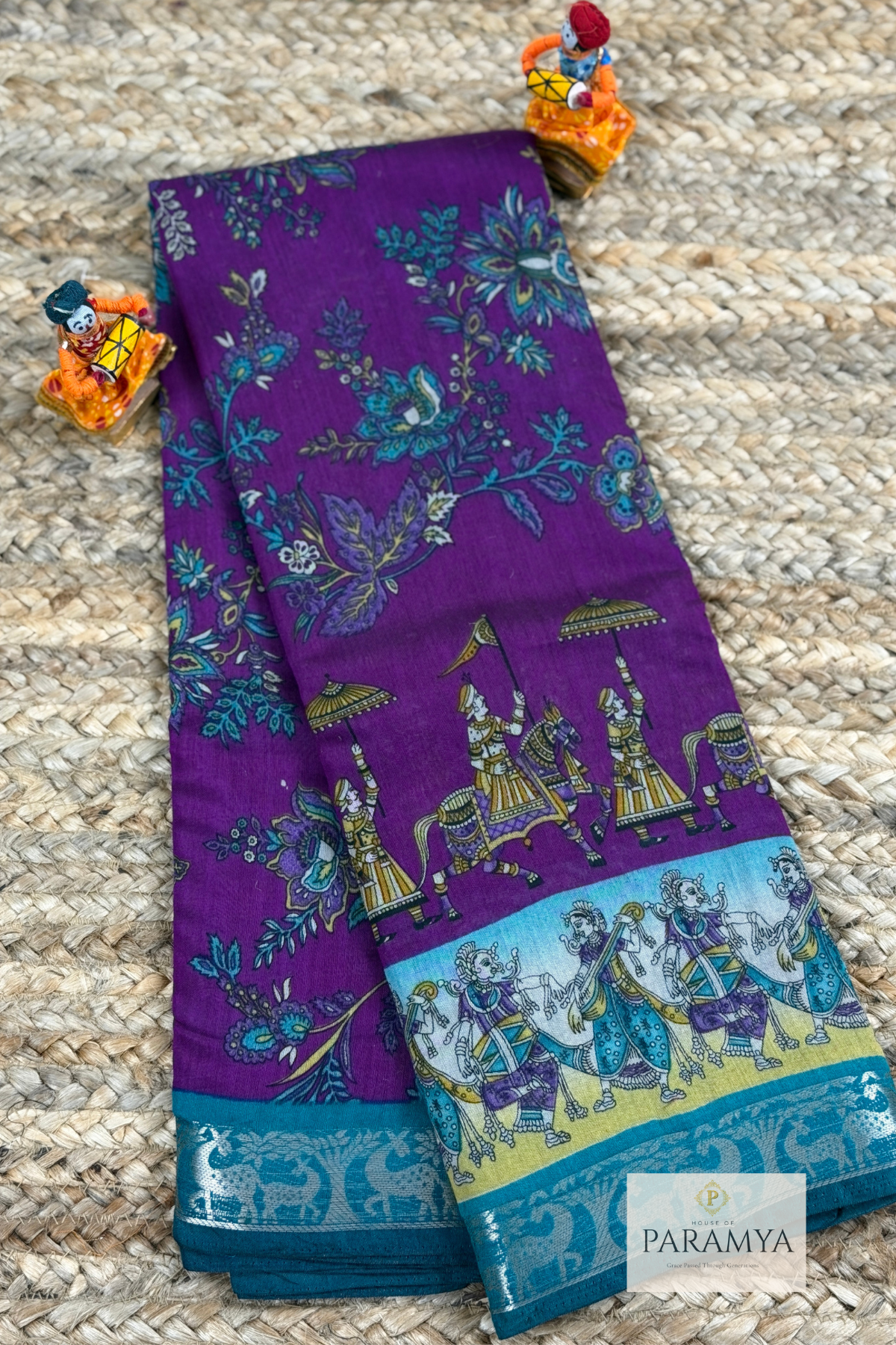 Purple Pen Kalamkari Saree with Teal Zari Border