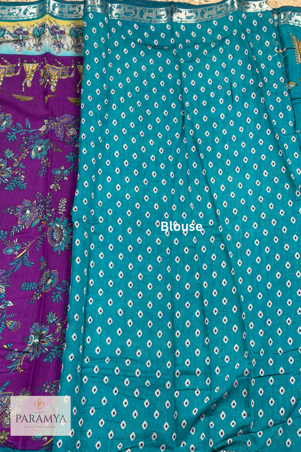 Purple Pen Kalamkari Saree with Teal Zari Border