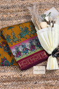 Mustard Yellow Pen Kalamkari Saree with Maroon Zari Border
