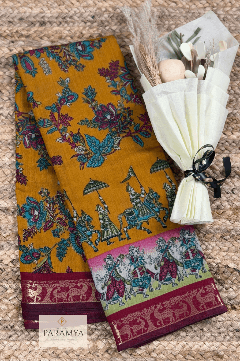 Mustard Yellow Kalamkari Saree view — maroon pallu with pen kalamkari motifs | House of Paramya