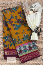 Mustard Yellow Kalamkari Saree view — maroon pallu with pen kalamkari motifs | House of Paramya