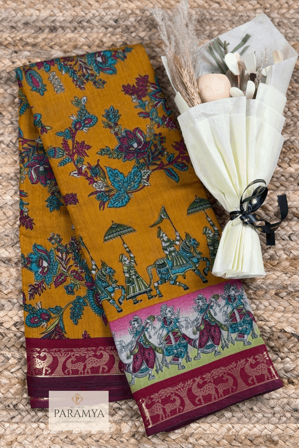 Mustard Yellow Kalamkari Saree view — maroon pallu with pen kalamkari motifs | House of Paramya