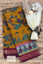 Mustard Yellow Pen Kalamkari Saree with Maroon Zari Border