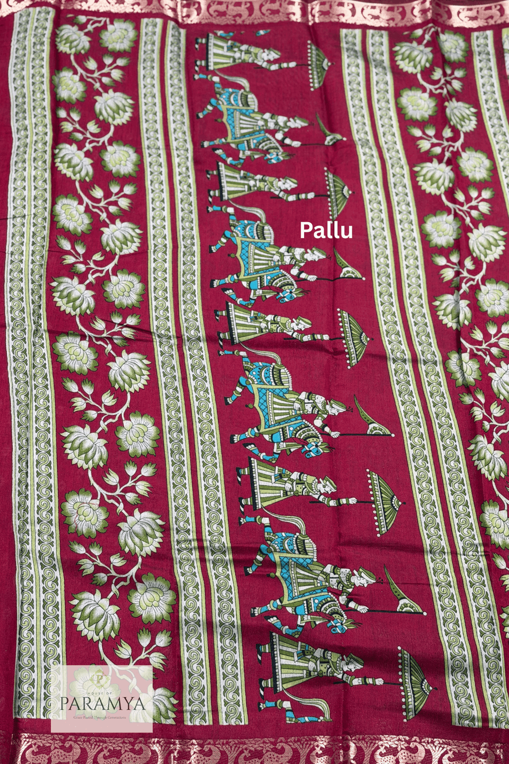 Mustard Yellow Kalamkari Saree motif close-up on pallu — traditional pen kalamkari artwork detail | House of Paramya