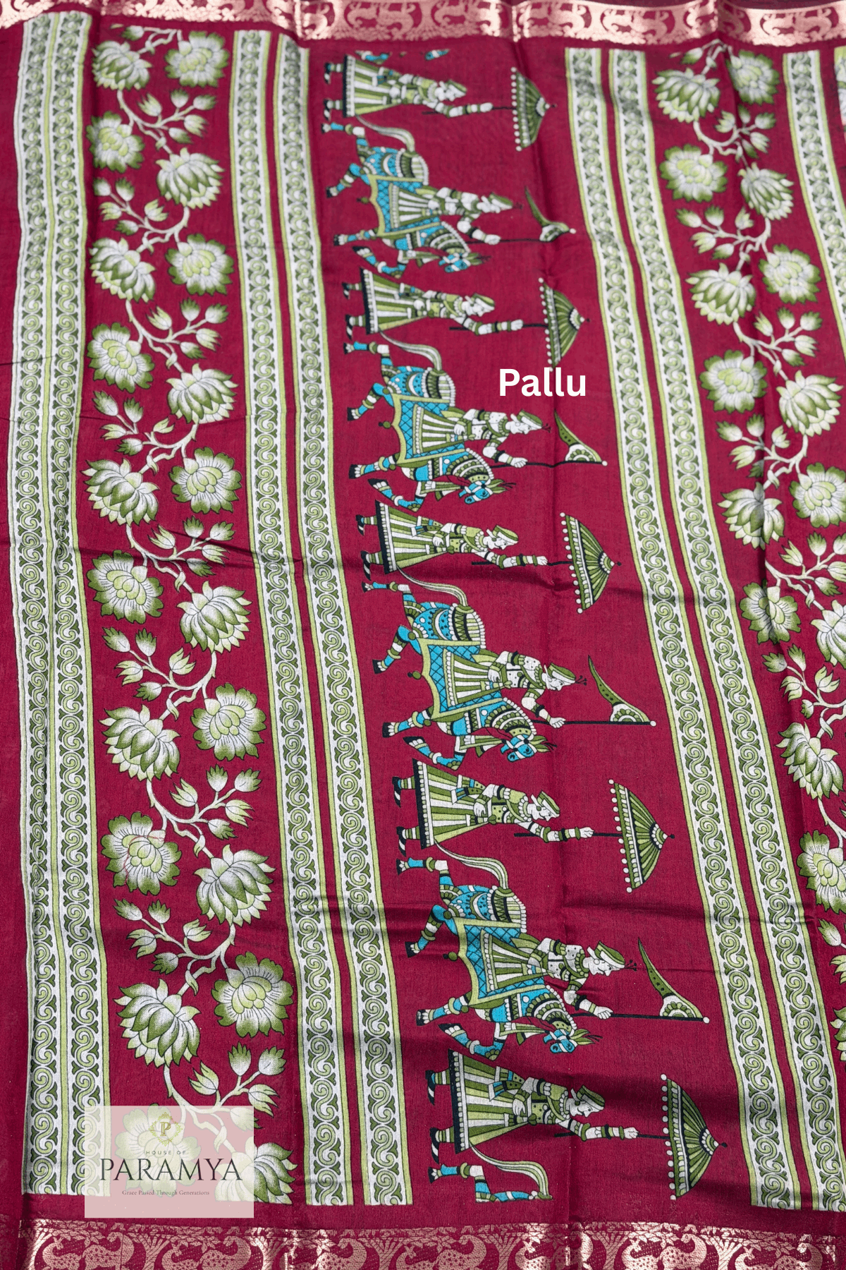 Mustard Yellow Kalamkari Saree motif close-up on pallu — traditional pen kalamkari artwork detail | House of Paramya