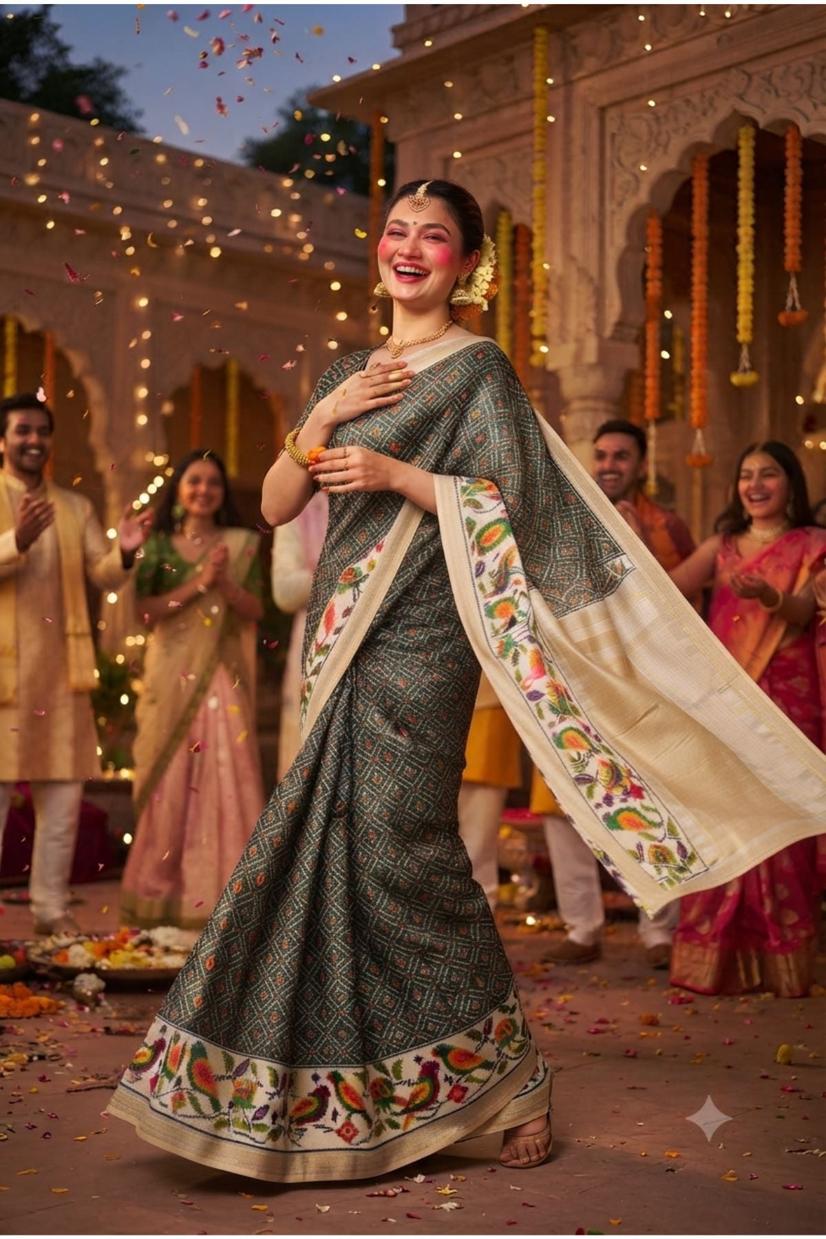Black Silk Saree with Digital Patola Print & Silver Zari Border