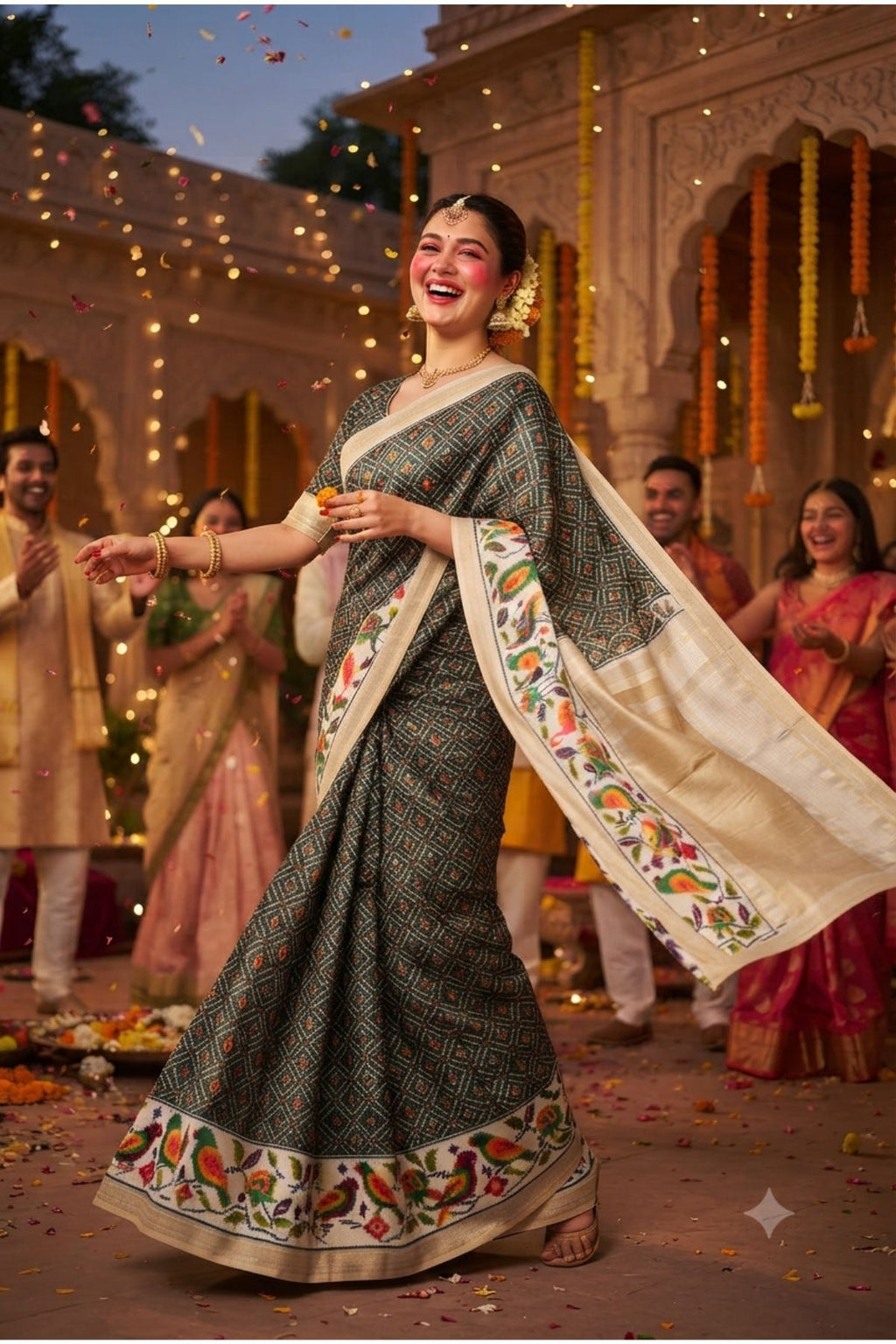 Black Silk Saree with Digital Patola Print & Silver Zari Border