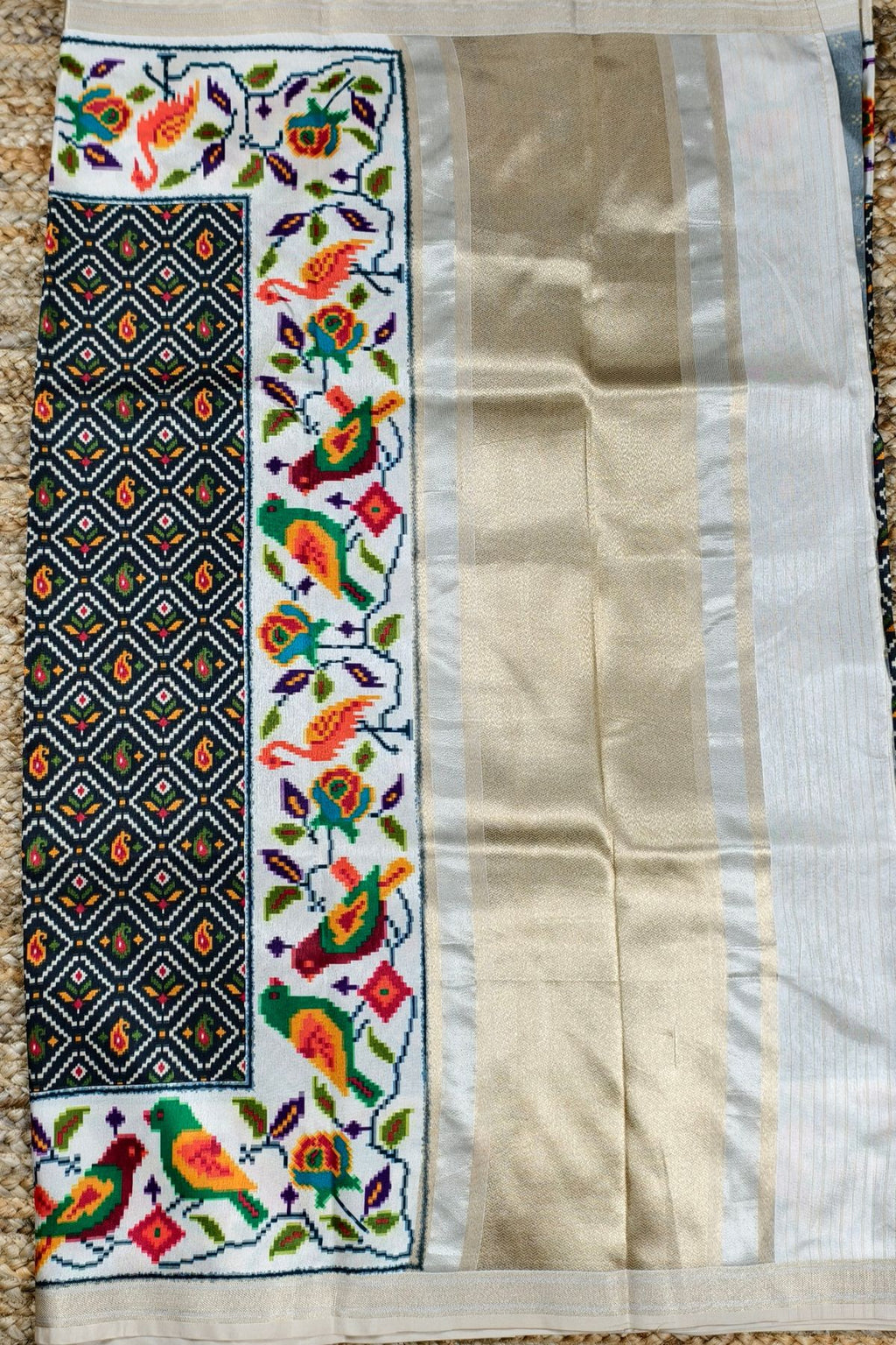 Black Silk Saree with Digital Patola Print & Silver Zari Border