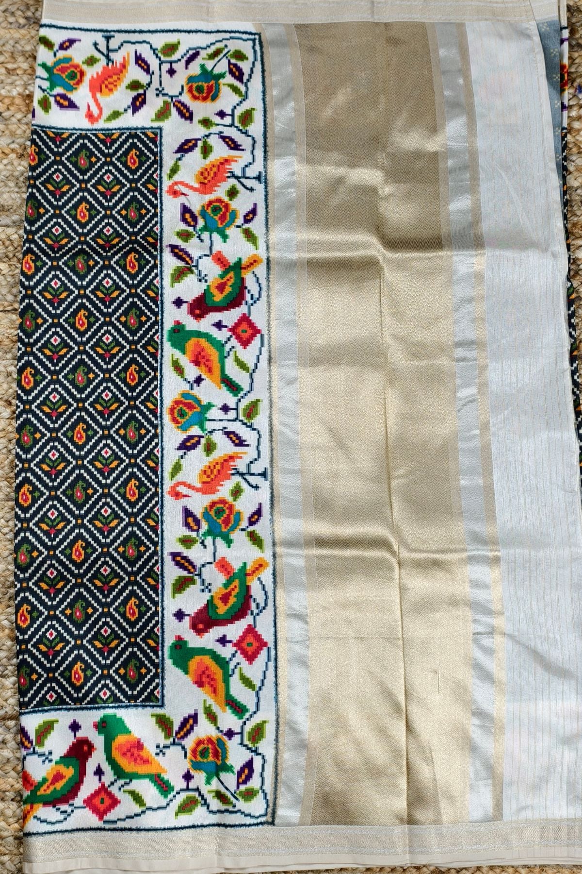 Black Silk Saree with Digital Patola Print & Silver Zari Border