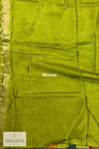 Unstitched parrot green Paithani silk blouse piece with buti motifs and gold zari border — House of Paramya PSGM101