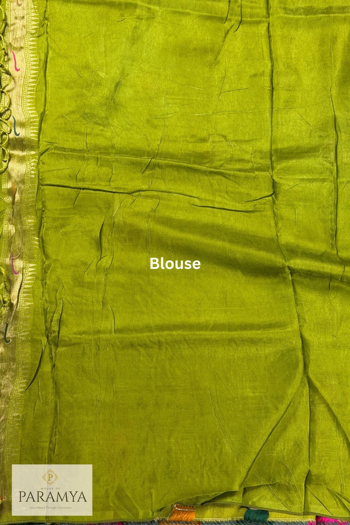 Unstitched parrot green Paithani silk blouse piece with buti motifs and gold zari border — House of Paramya PSGM101