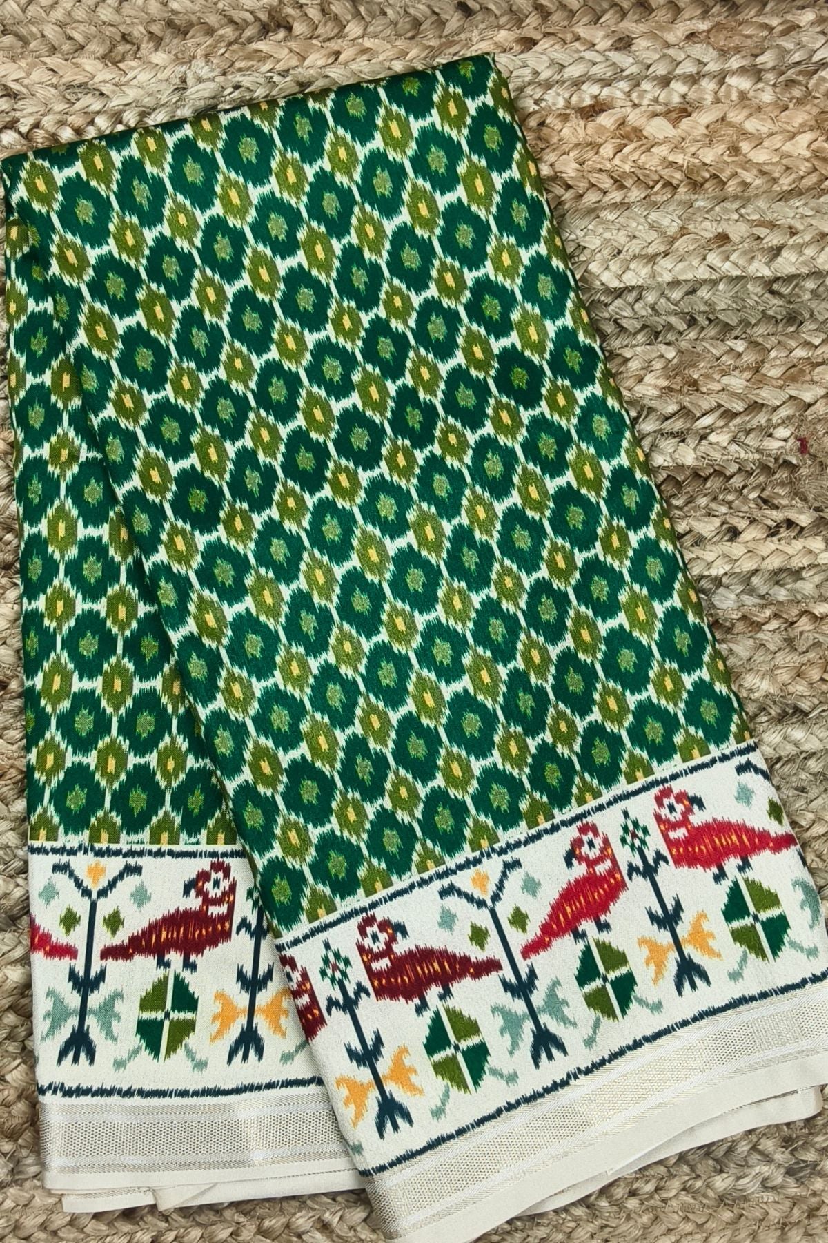 Green Silk Saree with Digital Patola Print & Silver Zari Border