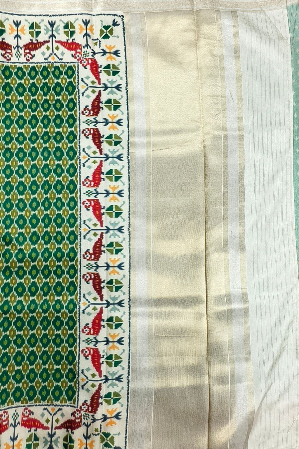 Green Silk Saree with Digital Patola Print & Silver Zari Border