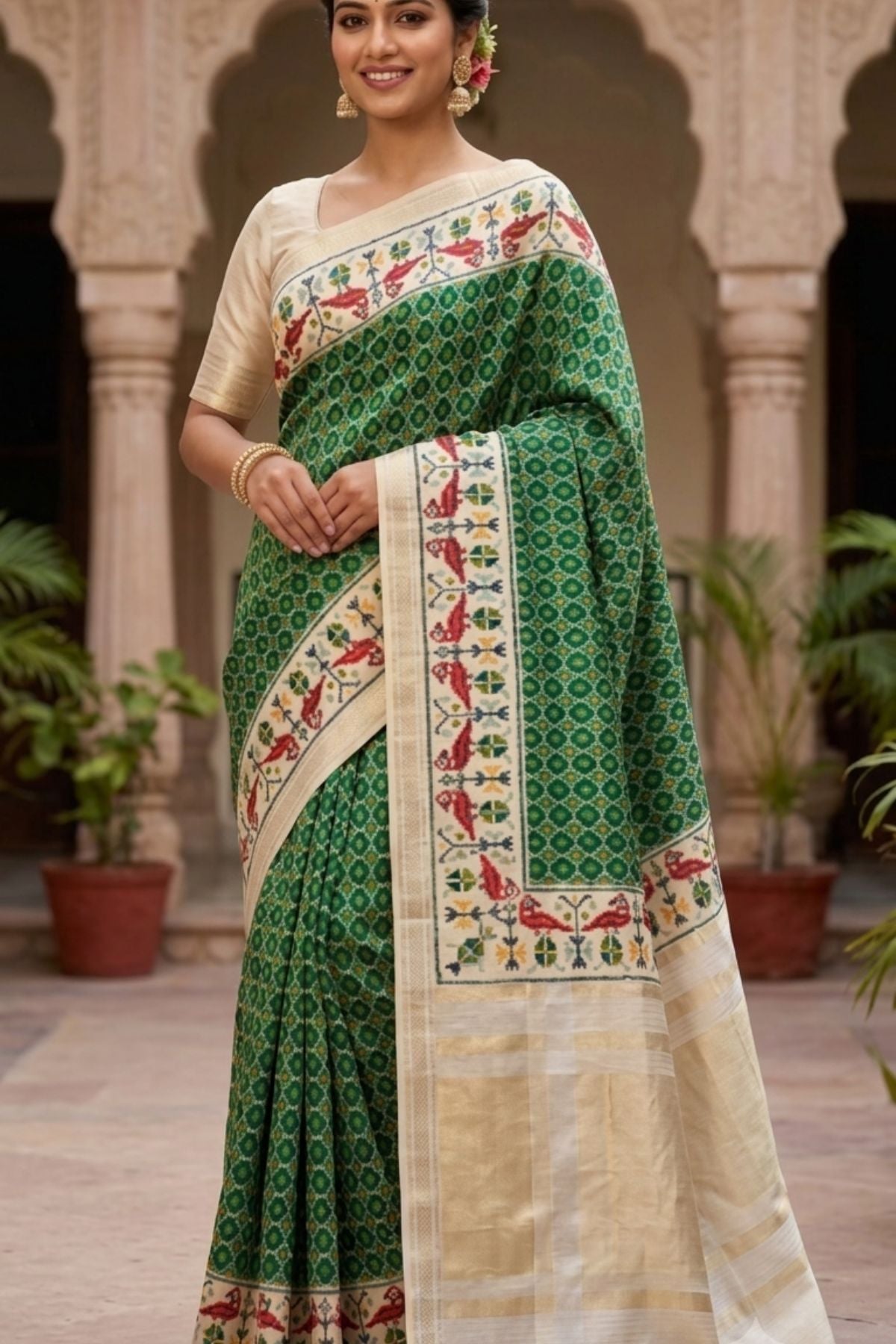 Green Silk Saree with Digital Patola Print & Silver Zari Border