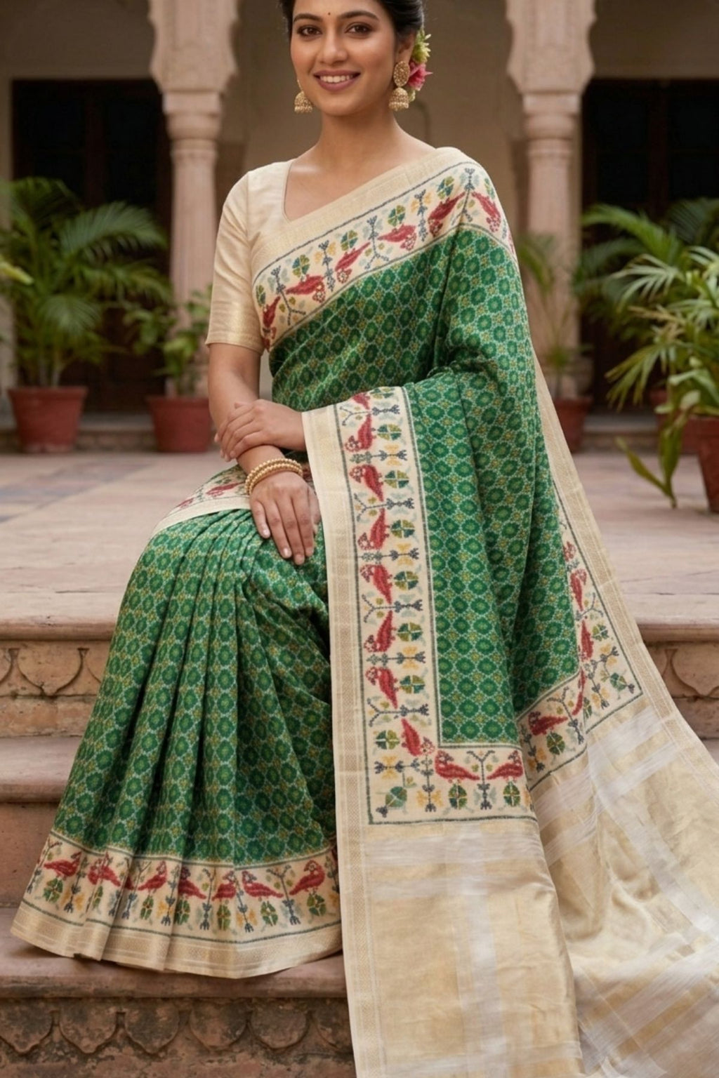 Green Silk Saree with Digital Patola Print & Silver Zari Border