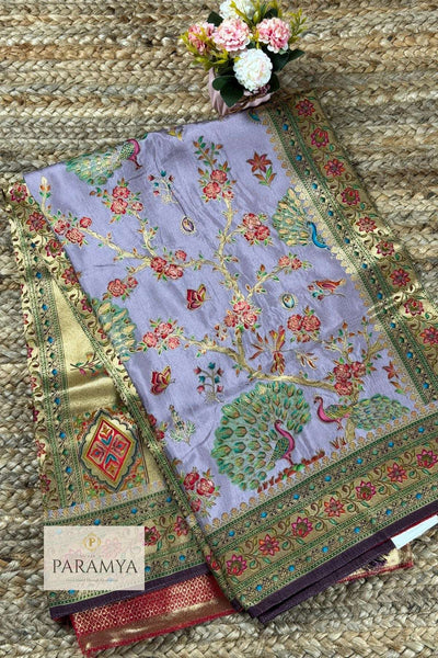 Lavender Pashmina Silk Saree neatly folded — Peacock Meenakari Gold Zari — House of Paramya