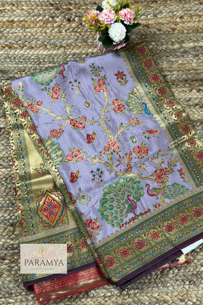 Lavender Pashmina Silk Saree neatly folded — Peacock Meenakari Gold Zari — House of Paramya