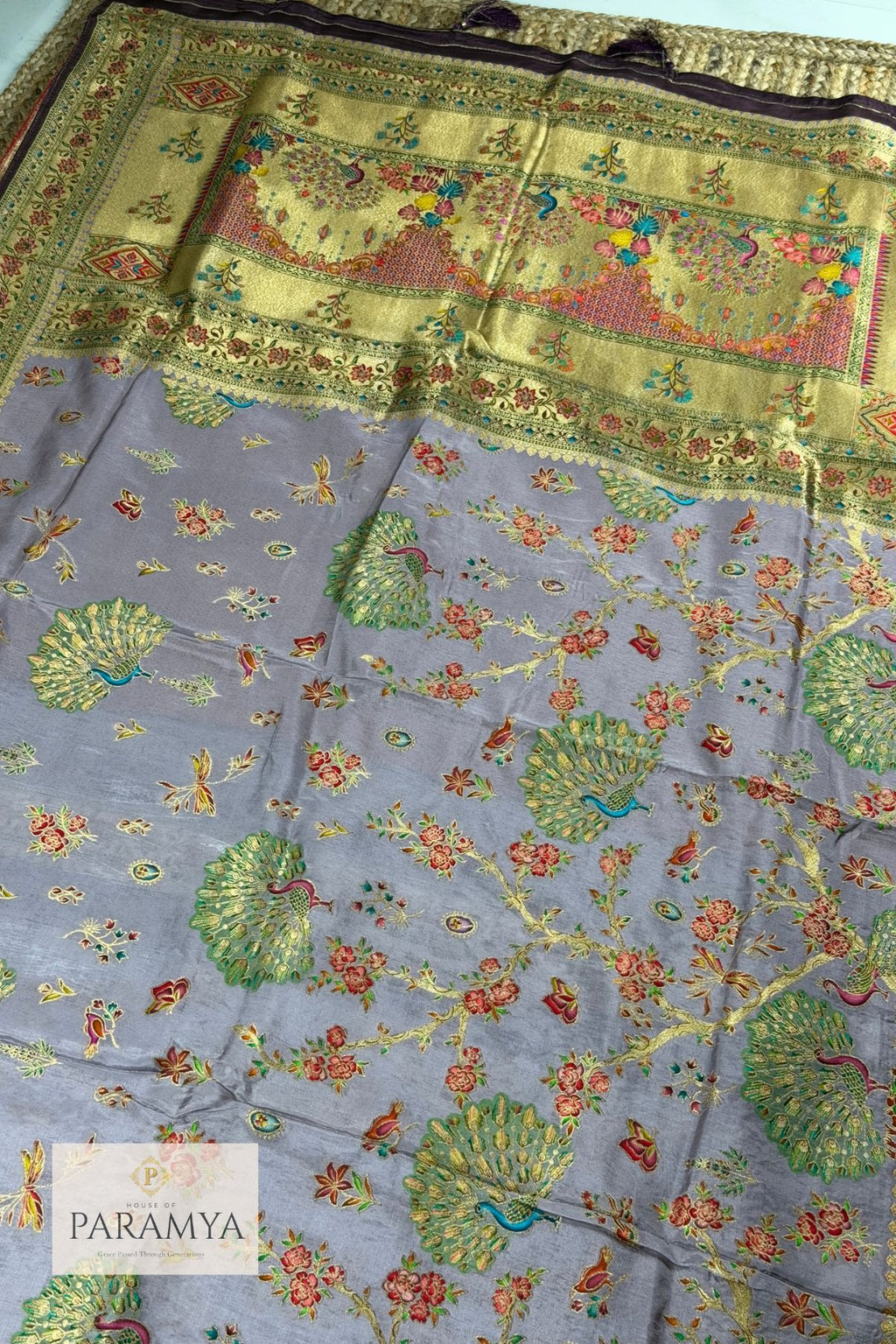 Intricate Meenakari peacock and floral motifs on lavender Pashmina silk saree body — House of Paramya