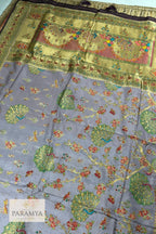 Intricate Meenakari peacock and floral motifs on lavender Pashmina silk saree body — House of Paramya
