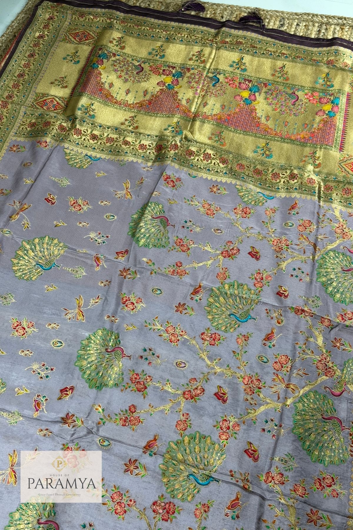 Intricate Meenakari peacock and floral motifs on lavender Pashmina silk saree body — House of Paramya
