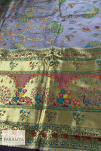 Broad antique gold zari border with peacock Motifs on lavender Pashmina silk saree — House of Paramya