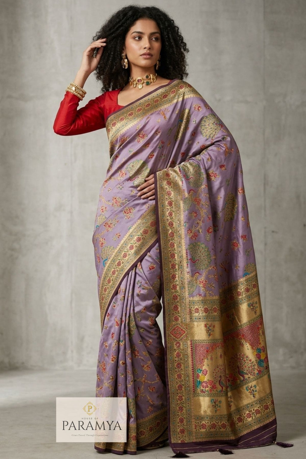 Lavender Pashmina Silk Saree with Peacock Meenakari weave and antique gold zari border — House of Paramya 