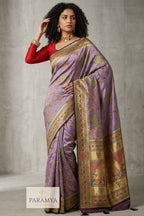 Lavender Pashmina Silk Saree with Peacock Meenakari weave and antique gold zari border — House of Paramya 