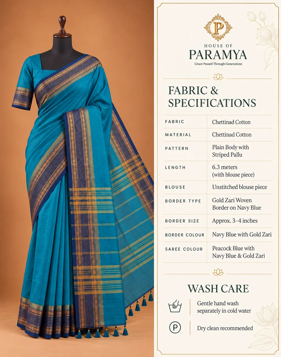 Chettinad Cotton Saree - Peacock Blue with Navy Blue Gold Zari Border & Green Striped Pallu