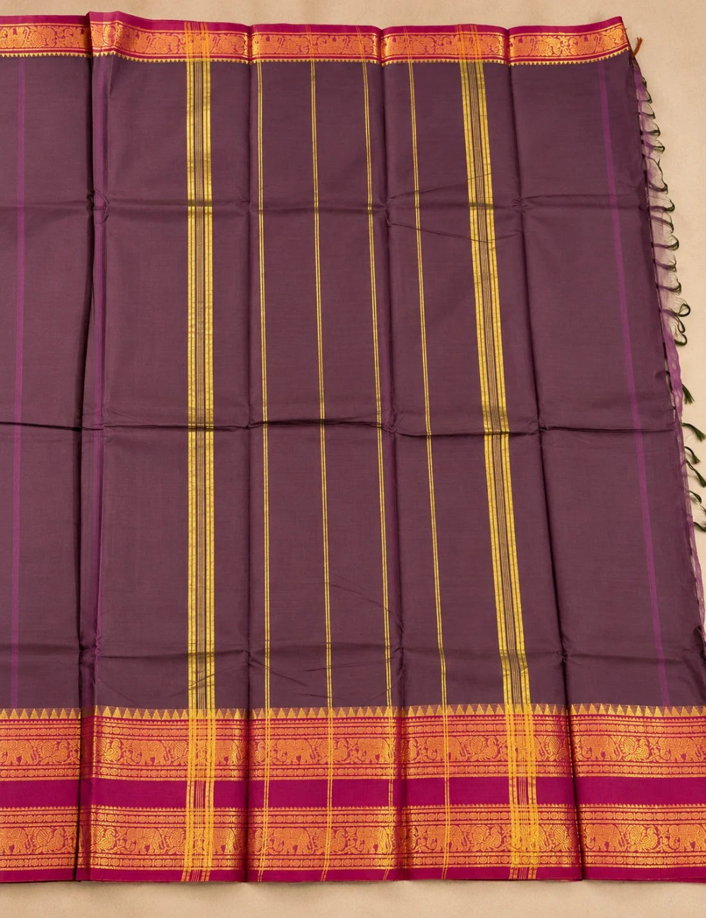House Of Paramya deep aubergine Chettinad cotton saree with wine gold zari elephant and floral border