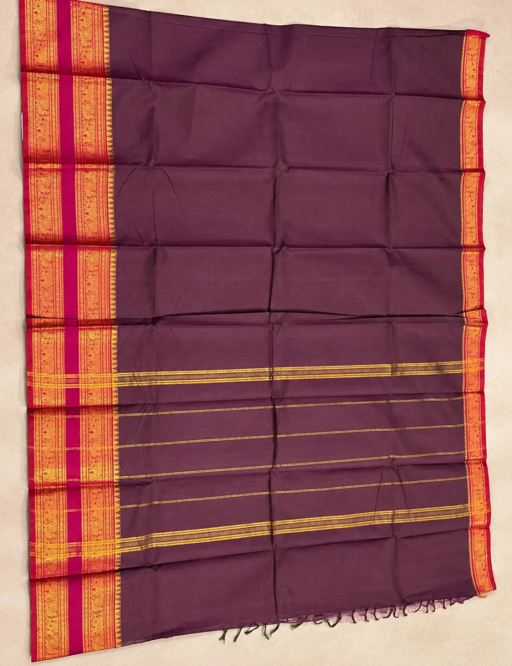House Of Paramya deep aubergine Chettinad cotton saree with wine and gold zari elephant motif border