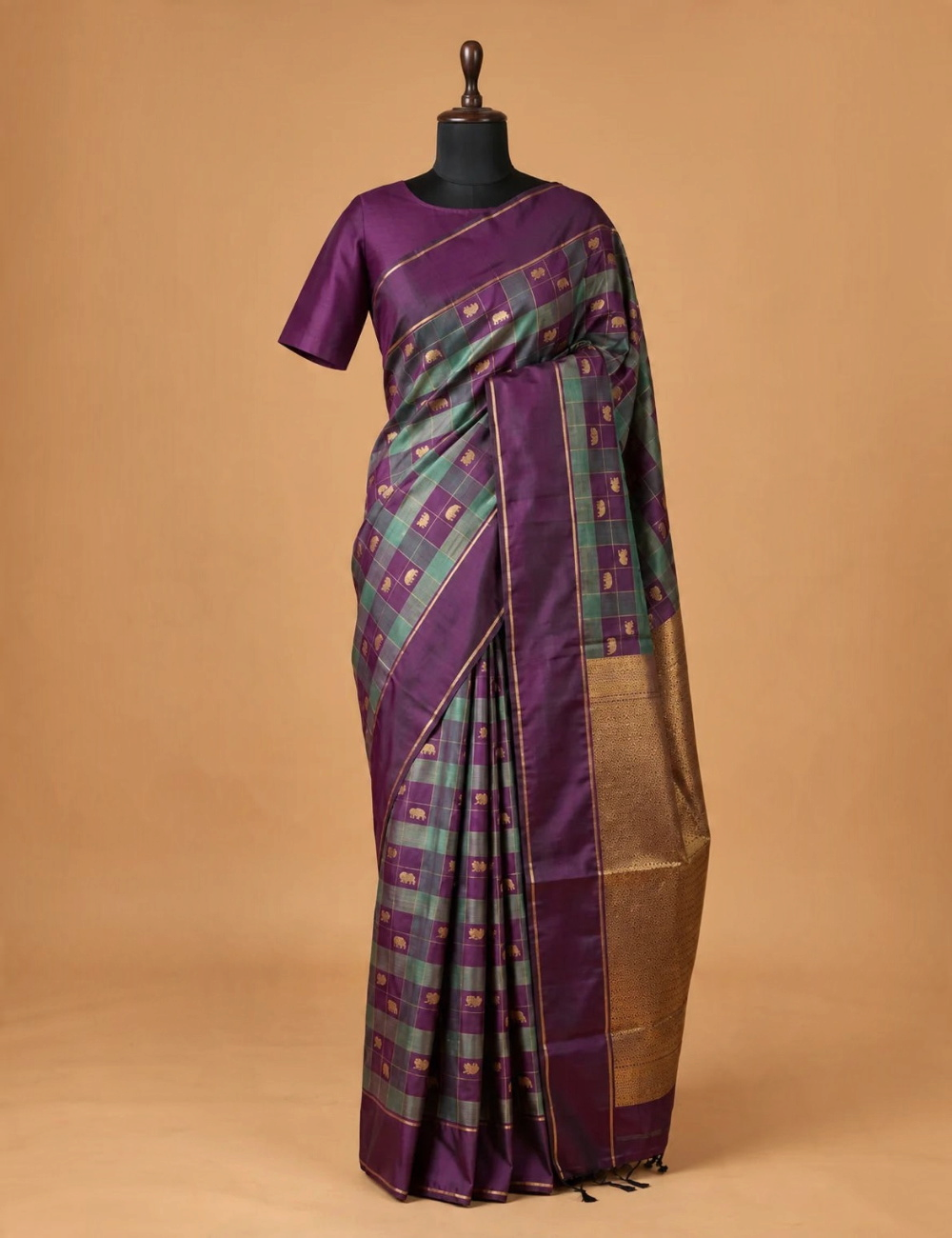 House Of Paramya plum purple soft silk saree with teal green checks, gold zari elephant motifs, and antique gold pallu