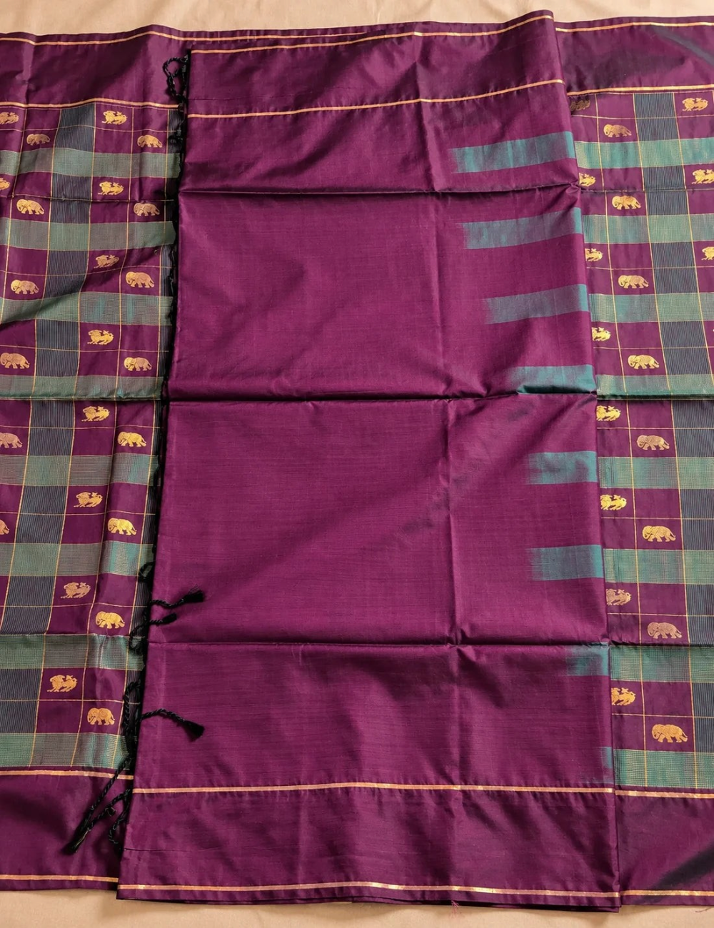 Soft Silk Saree - Plum Purple with Paazhum Pazhamum Checks & Zari Elephant Motifs