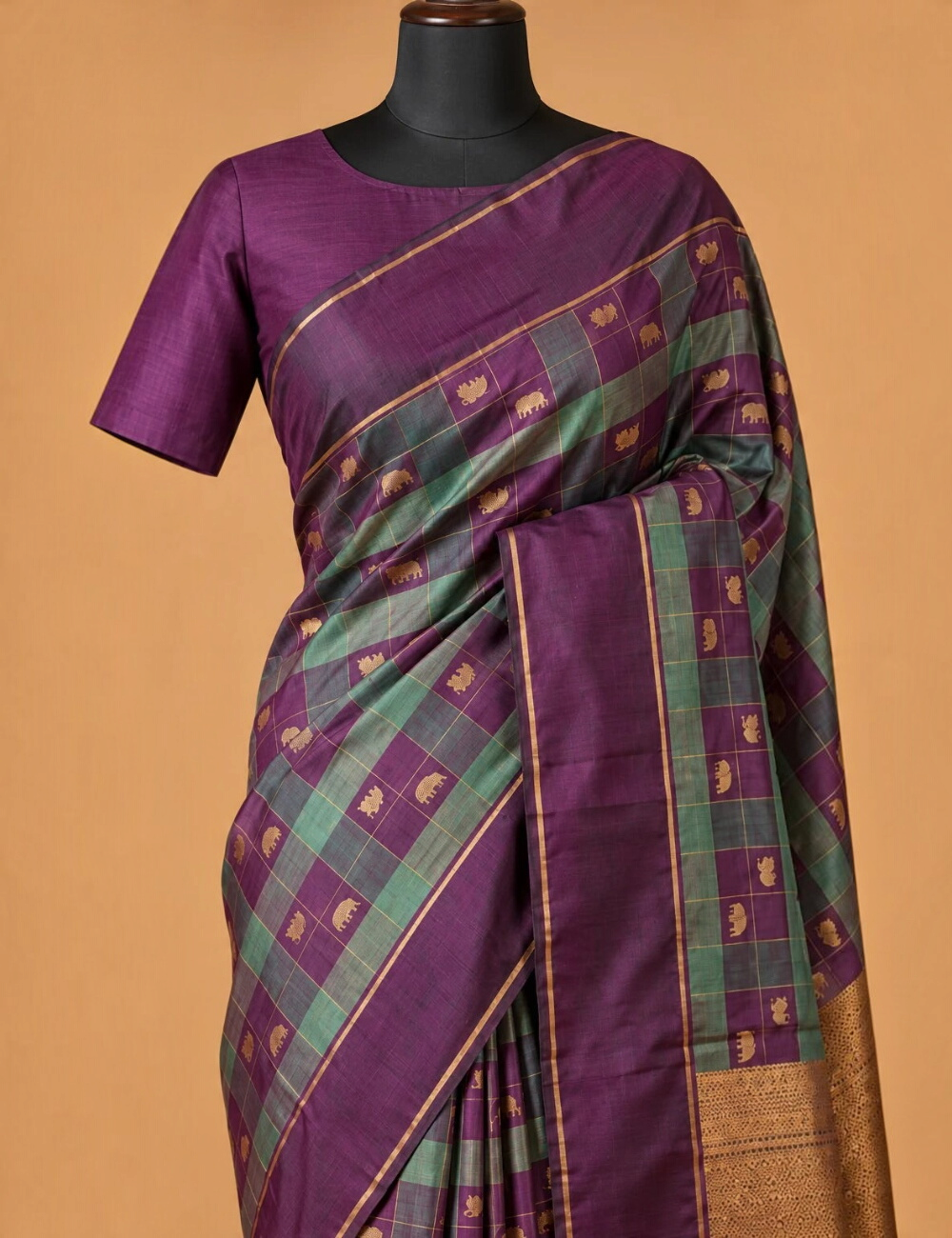 House Of Paramya plum purple soft silk saree with teal green checks, gold zari elephant motifs, and antique zari pallu