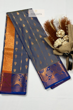 Grey Blue Rasipuram Silk Saree with Orange Zari Border