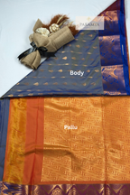 Grey Blue Rasipuram Silk Saree with Orange Zari Border