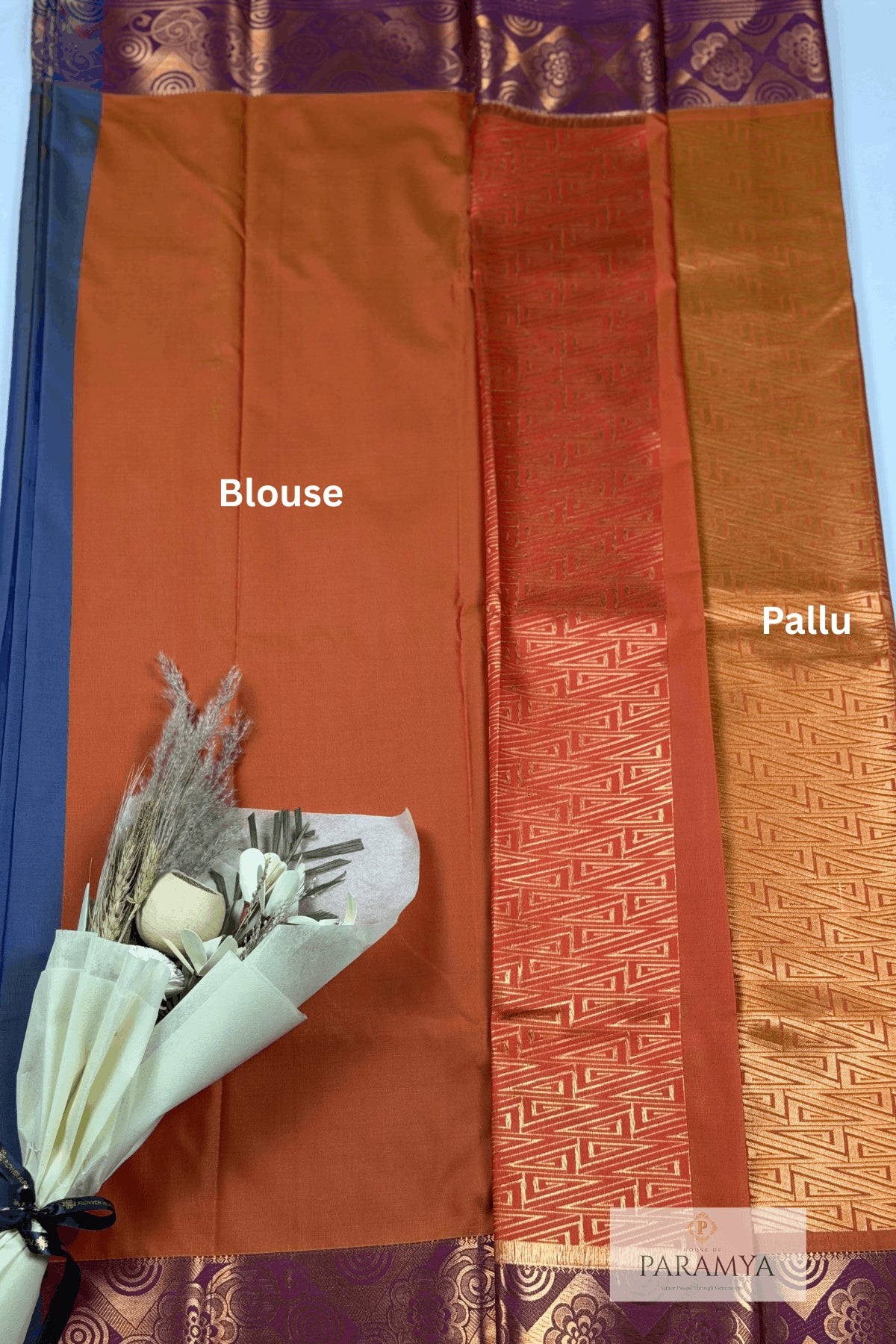 Grey Blue Rasipuram Silk Saree with Orange Zari Border - Blouse view | House Of Paramya