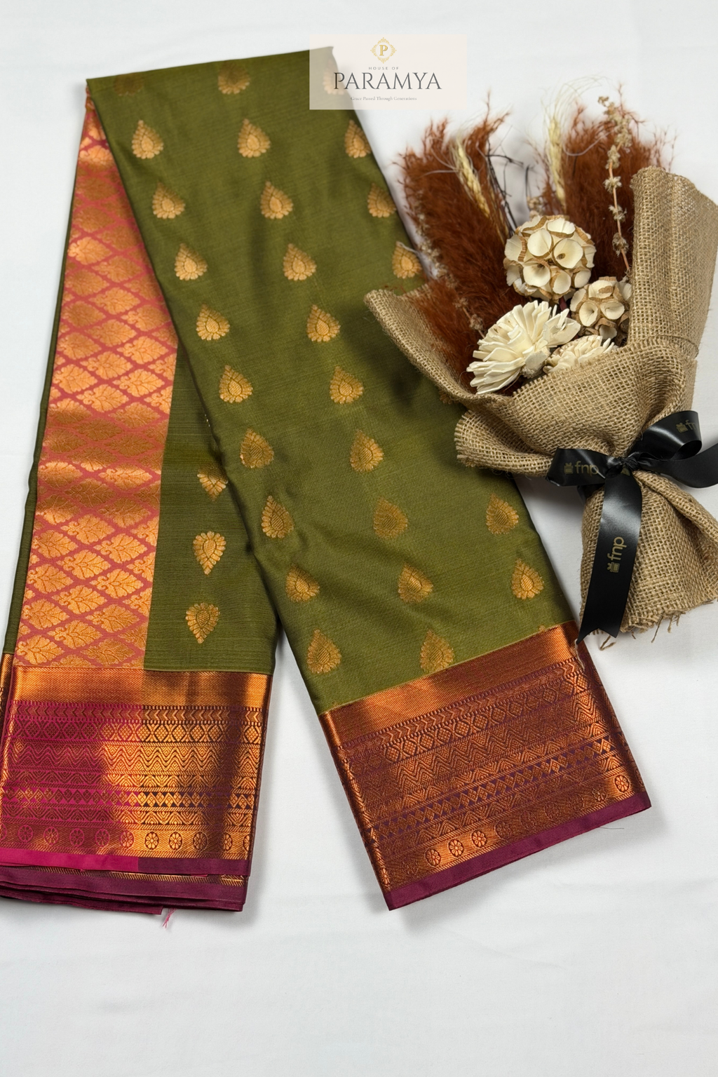Olive Green Rasipuram Silk Saree with Pink Zari Border