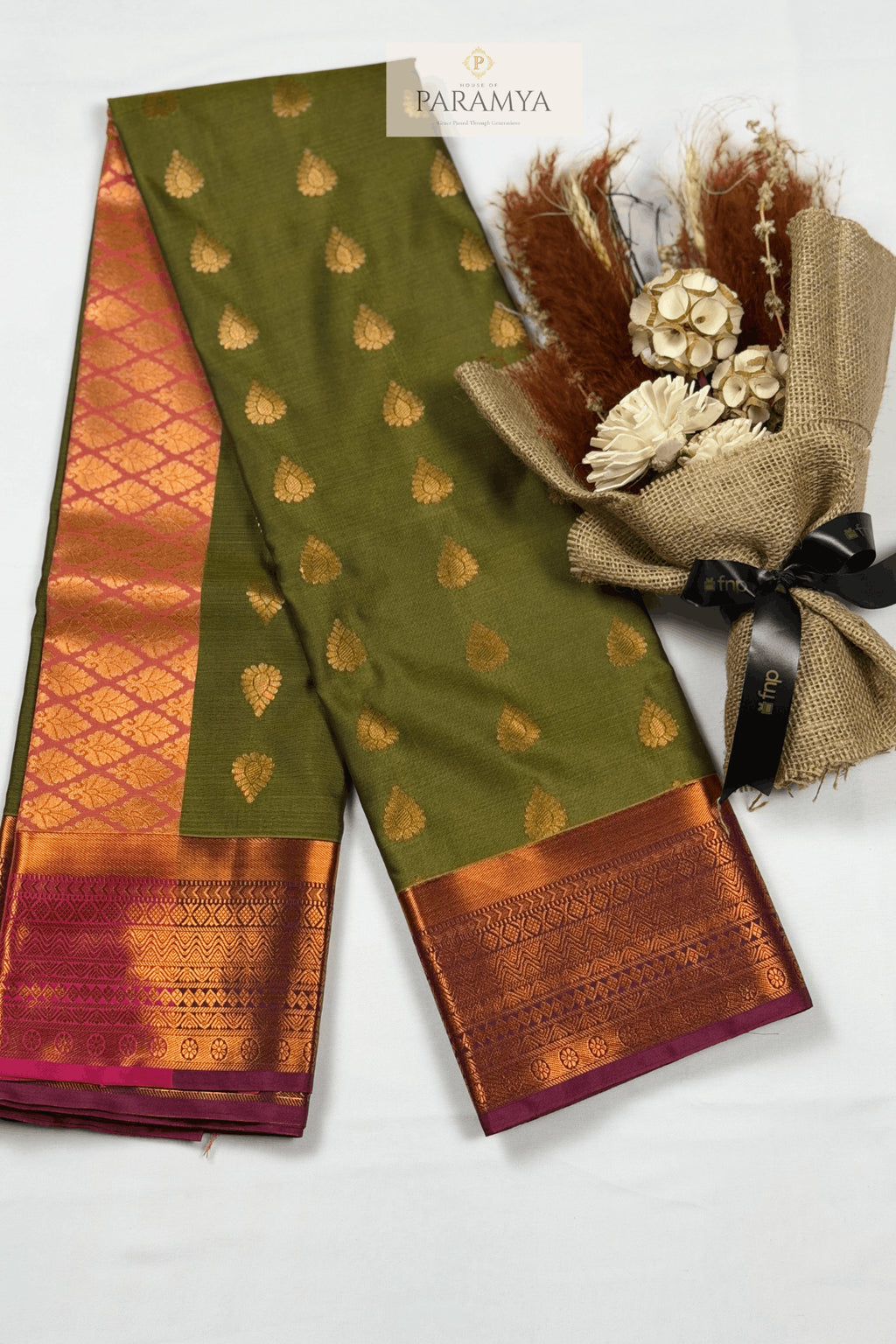 Olive Green Rasipuram Silk Saree with Pink Zari Border - Saree View | House Of Paramya