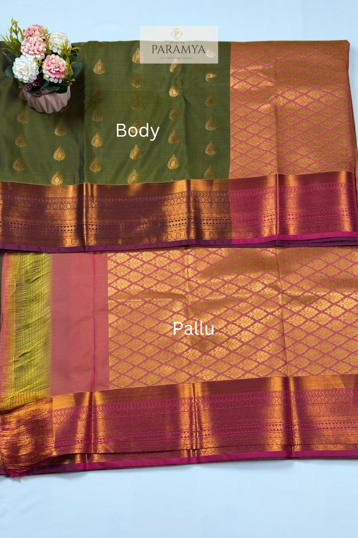 Olive Green Rasipuram Silk Saree with Pink Zari Border