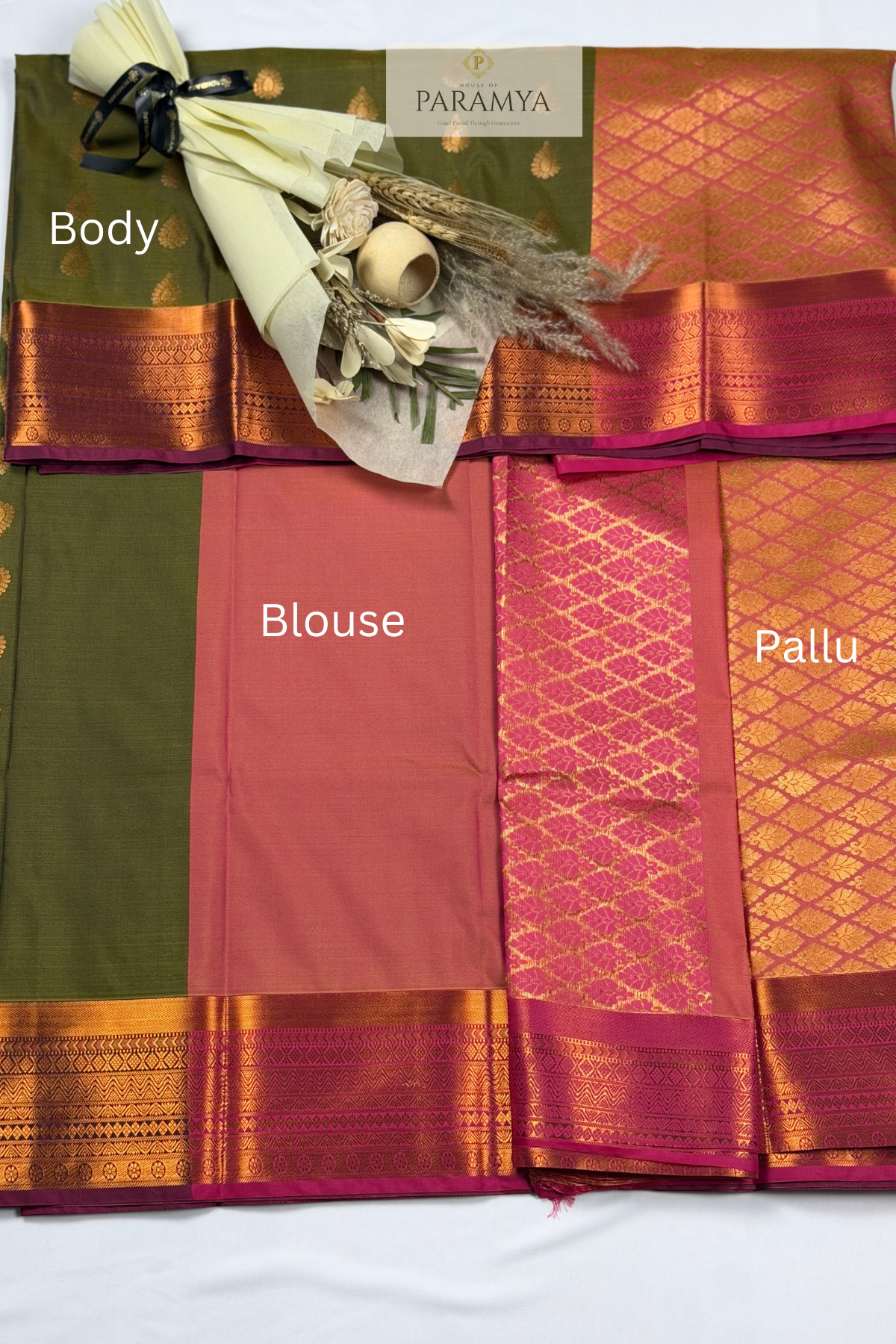 Olive Green Rasipuram Silk Saree with Pink Zari Border