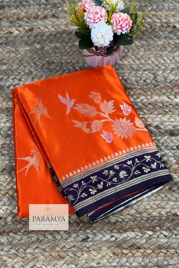 Premium Satin Silk Saree in Orange and Purple