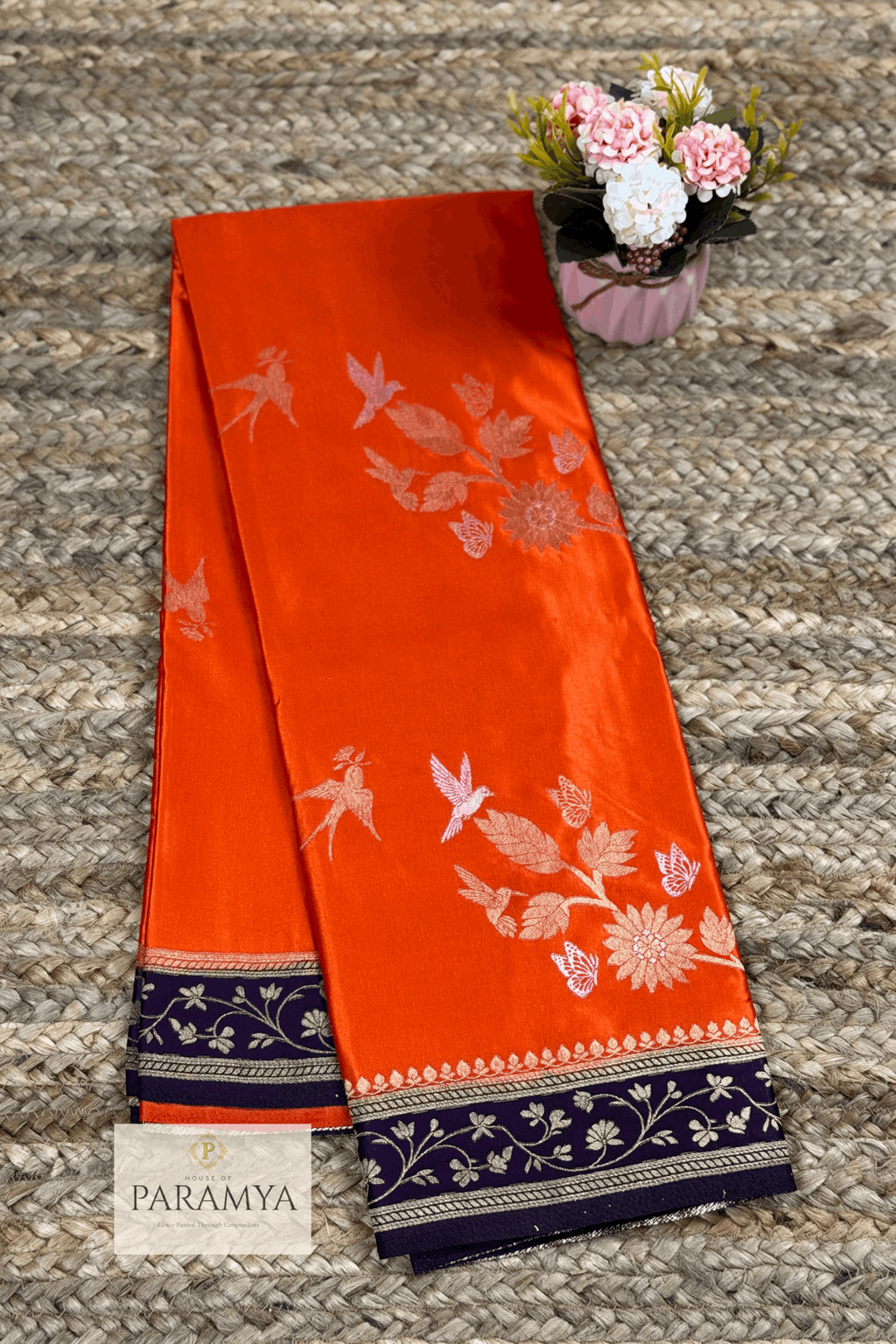 Orange and Purple Satin Silk Saree view — vibrant purple pallu on orange satin silk | House of Paramya