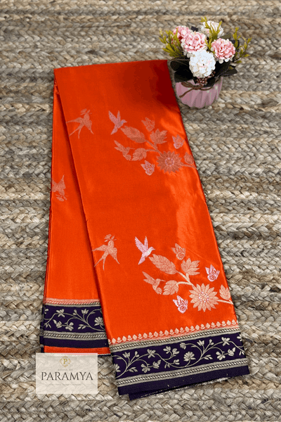 Orange and Purple Satin Silk Saree view — vibrant purple pallu on orange satin silk | House of Paramya