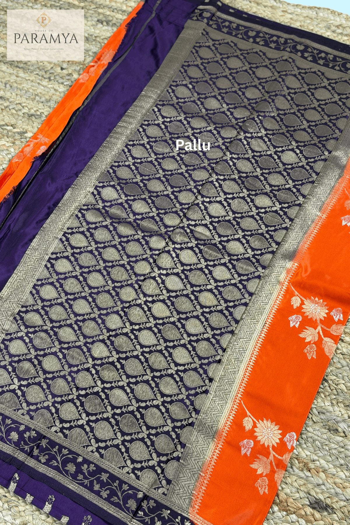 Orange and Purple Satin Silk Saree Pallu view— bold colour combination front view | House of Paramya
