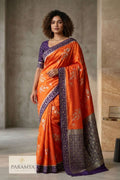 Premium Satin Silk Saree in Orange and Purple