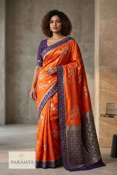 Premium Satin Silk Saree in Orange and Purple