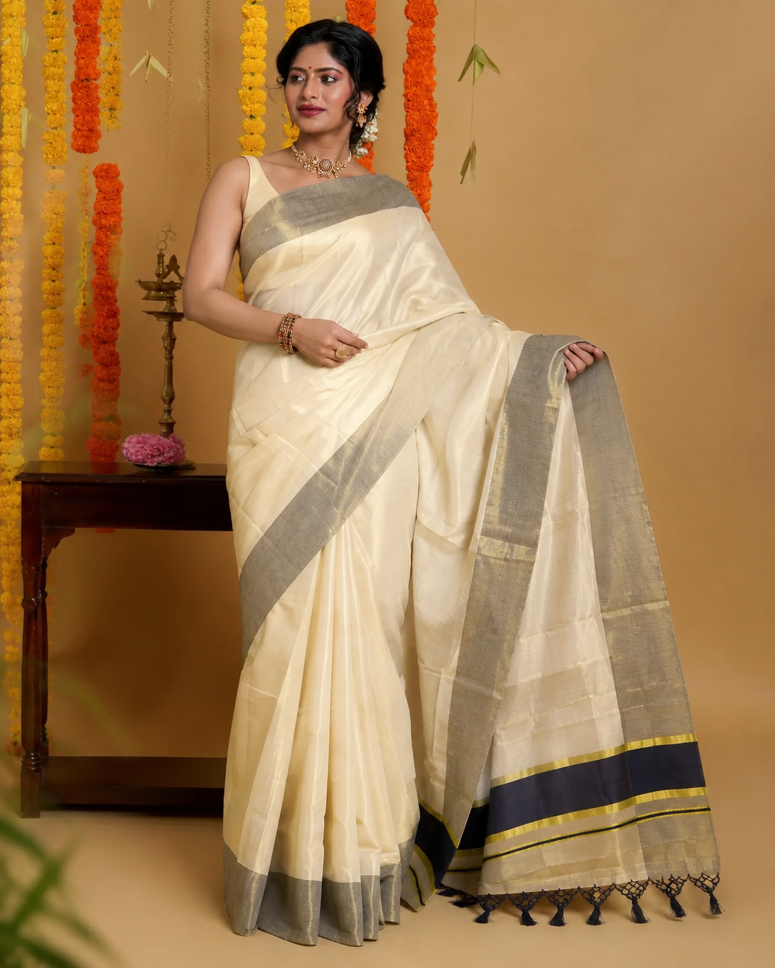 Ivory Cotton Kasavu Saree with Sea Green Zari Border