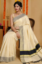 Ivory Cotton Kasavu Saree with Sea Green Zari Border