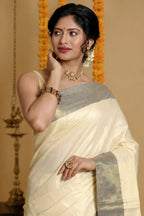 Ivory Cotton Kasavu Saree with Sea Green Zari Border