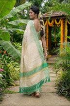 Ivory Cotton Kasavu Saree with Sea Green Zari Border